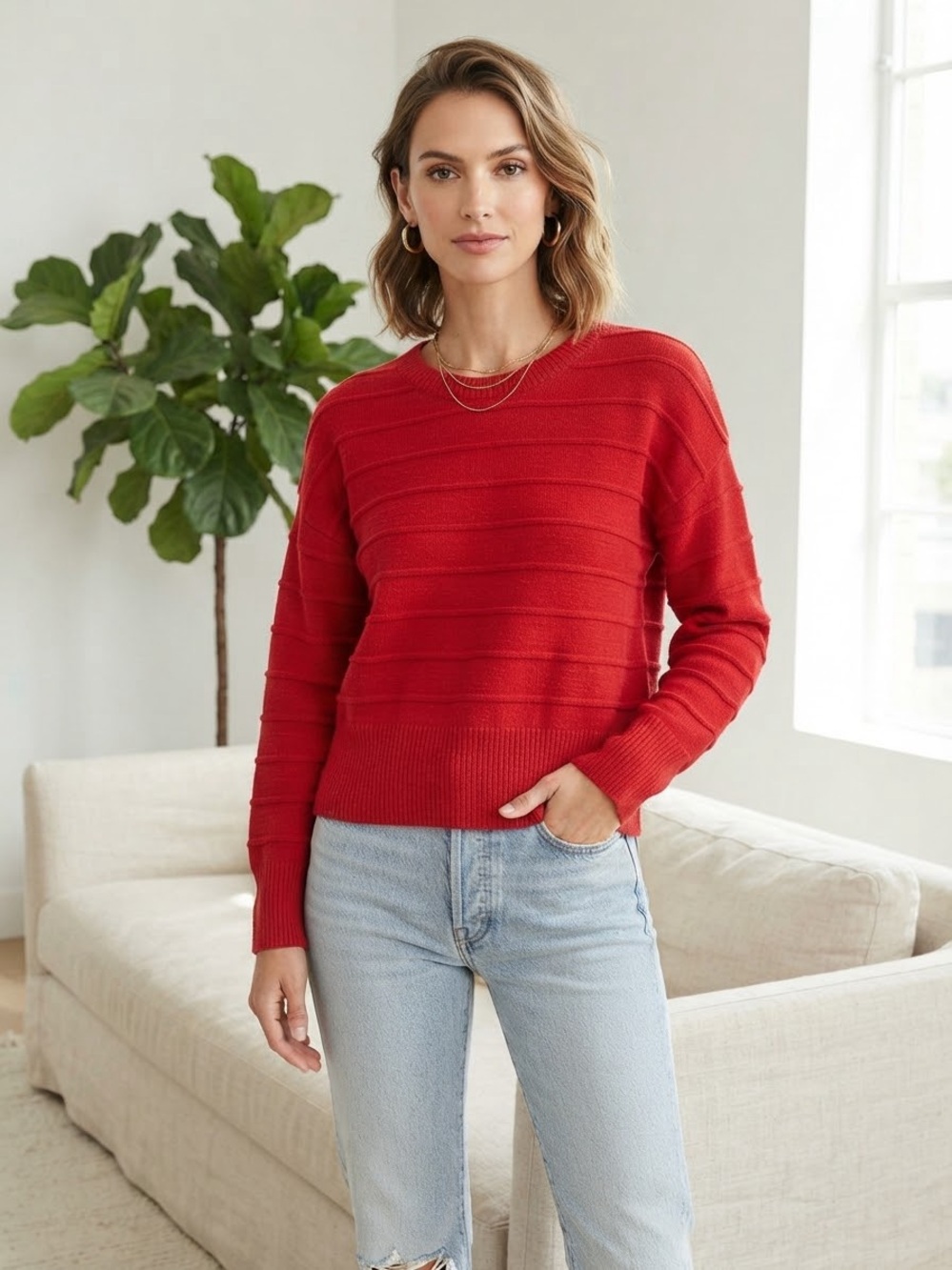 Sanctuary Red Crewneck Ribbed Texture Sweater